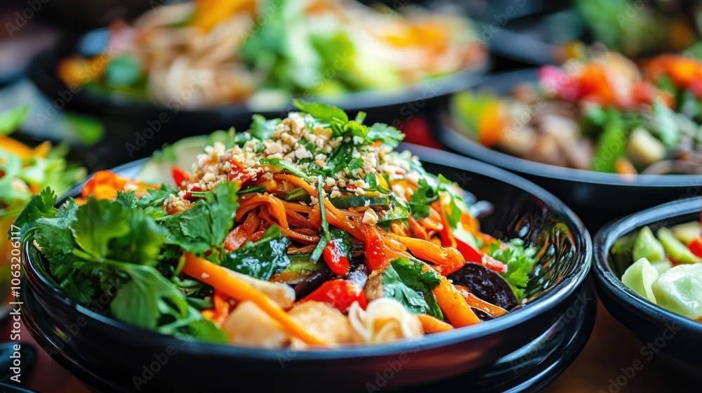 A close-up of a mouthwatering Thai meal, showcasing bright A close-up of a mouthwatering Thai meal, showcasing bright