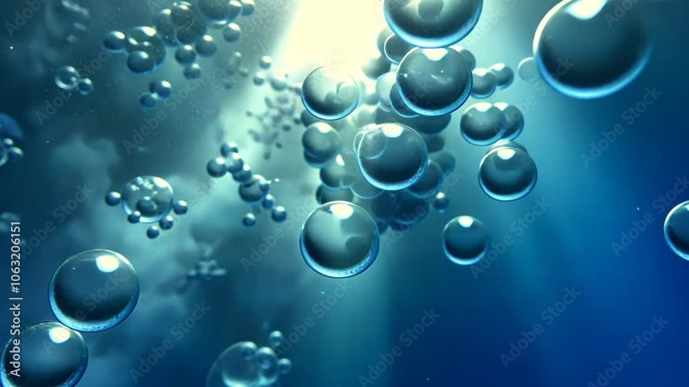 Bubbles rise through crystal clear blue water, catching the sunlight filtering down from above, creating a serene underwater atmosphere Bubbles rise through crystal clear blue water, catching the sunlight filtering down from above, creating a serene underwater atmosphere