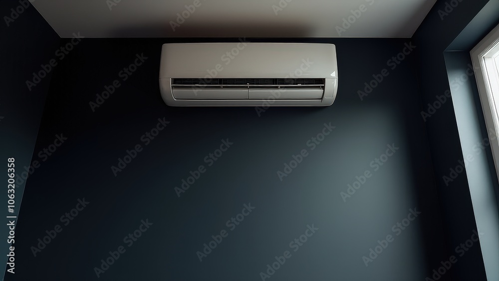 Ceiling-mounted split system AC unit on a black wall, parts of an home ac system visible with sleek design and cool air flow Ceiling-mounted split system AC unit on a black wall, parts of an home ac system visible with sleek design and cool air flow
