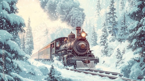 Vintage Steam Train Through Snowy Forest