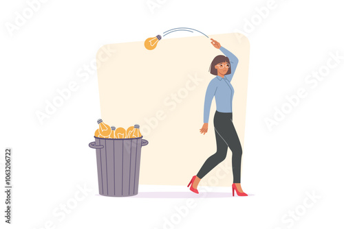 Obraz na płótnie Business woman gives up on idea, throwing light bulbs in trash due to lack of ambition. Businesslady does not see prospects in idea that has appeared and refuses desire for progress w salonie