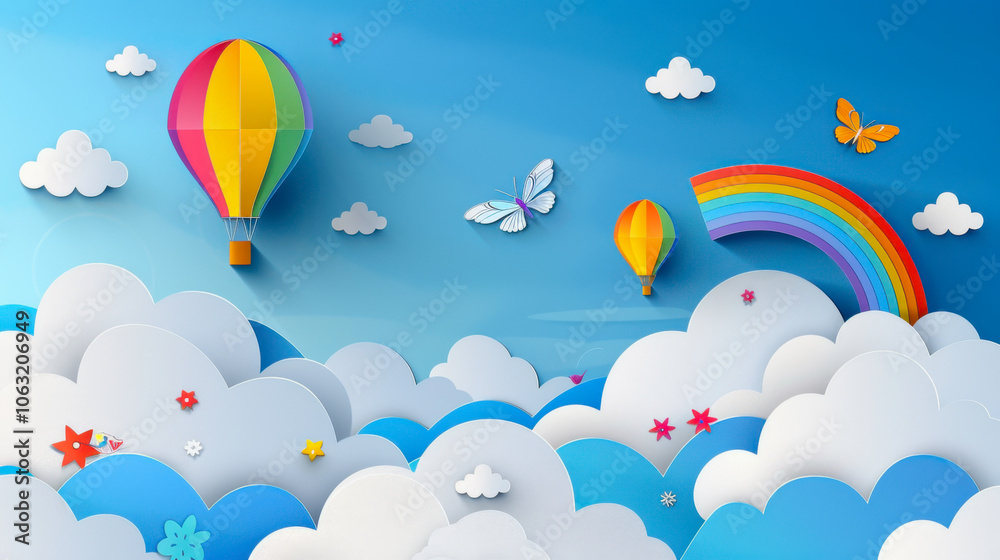 Beautiful fluffy clouds on blue sky background with summer sun