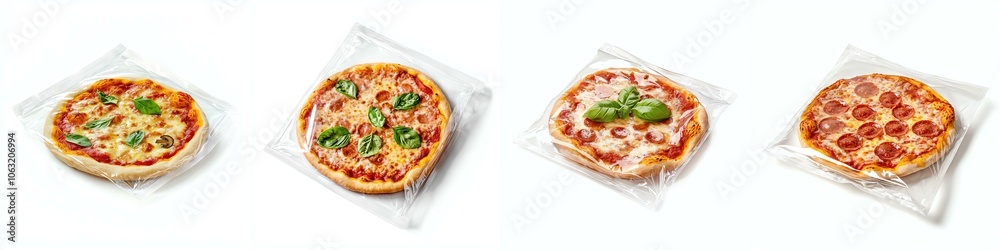Four delicious pizzas featuring fresh toppings on a white isolated background. Four delicious pizzas featuring fresh toppings on a white isolated background.