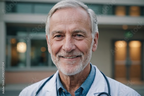 Close portrait of a smiling senior Canadian man doctor looking at the camera, Canadian hospital blurred background