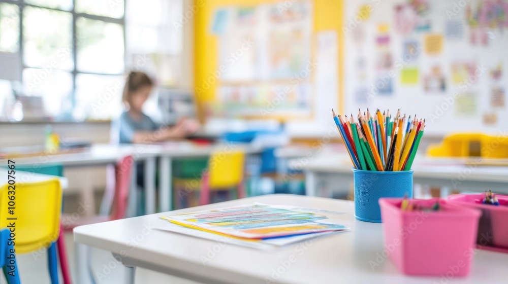 A colorful display of educational materials in a white classroom A colorful display of educational materials in a white classroom
