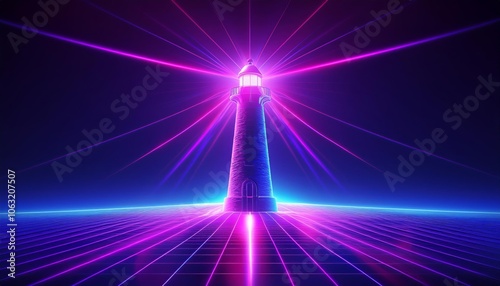 Futuristic Lighthouse with Radiating Neon Light Beams on Grid Surface in Abstract Cyberpunk Digital Landscape Background
