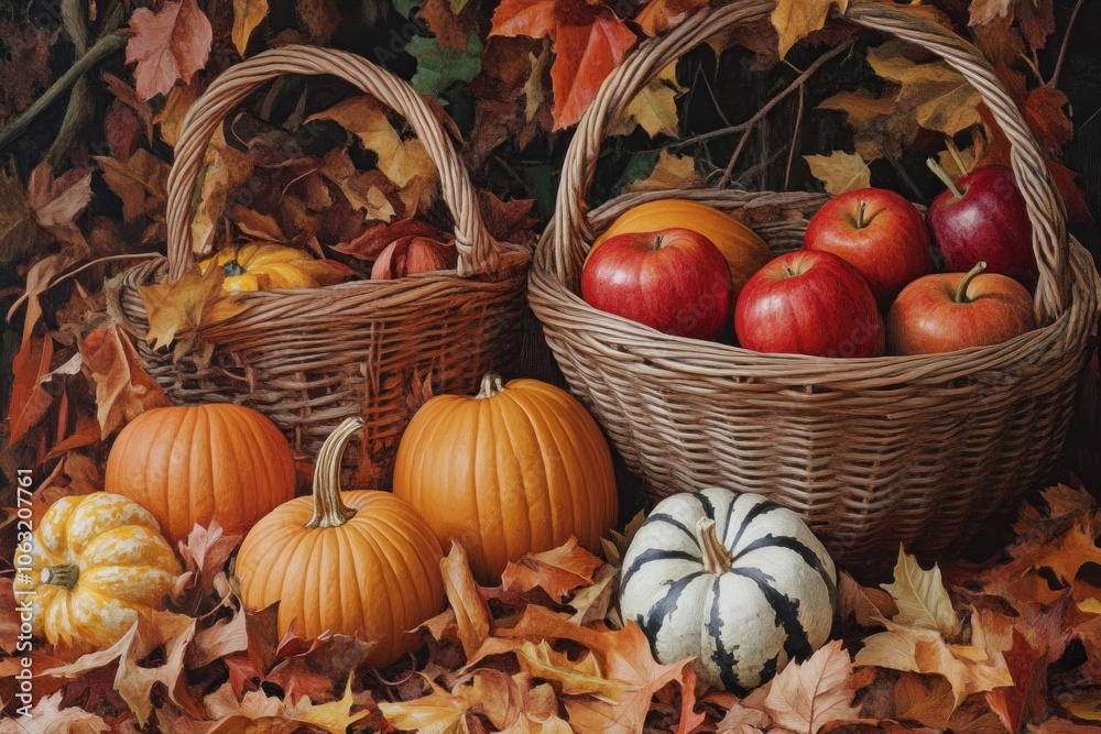Fall harvest scene with baskets of apples, pumpkins, and decorative gourds surrounded by fallen leaves Fall harvest scene with baskets of apples, pumpkins, and decorative gourds surrounded by fallen leaves
