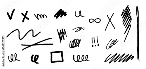 Vector set of grunge graphic elements. Street art texture hand drawn pencil underlines and strikethrough, scribble emphasis lines, punk hatches, ovals, backgrounds. Set of chalk strokes