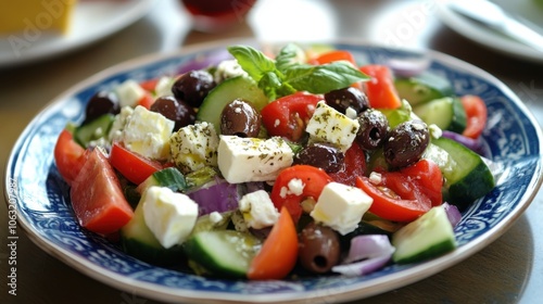 A colorful plate of Greek salad, featuring crisp vegetables