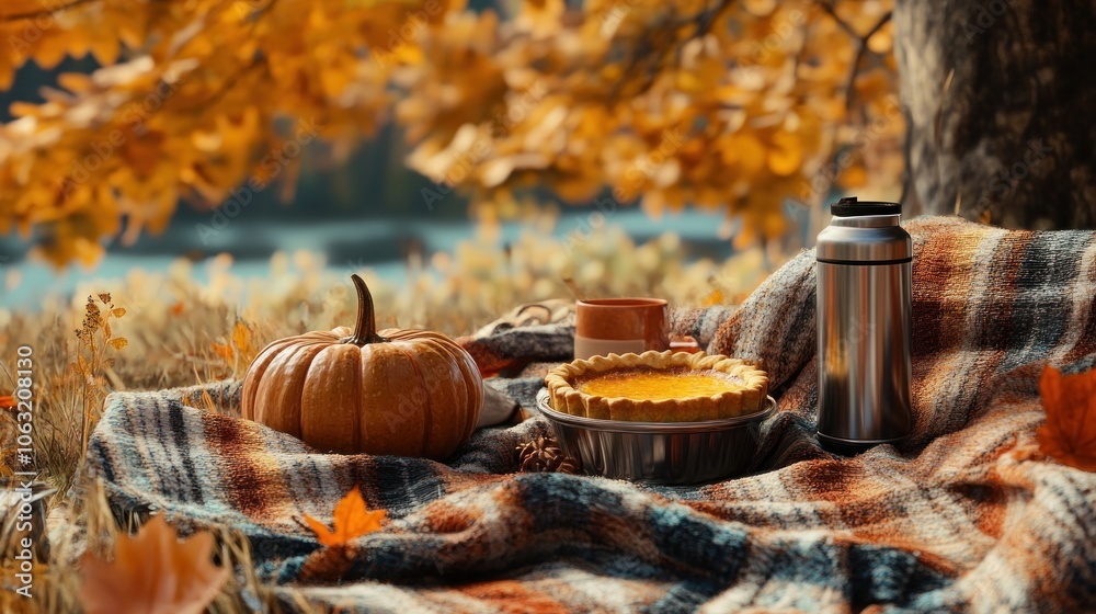 Fall picnic setting with cozy blankets, pumpkin pie, and thermoses, surrounded by warm fall tones Fall picnic setting with cozy blankets, pumpkin pie, and thermoses, surrounded by warm fall tones