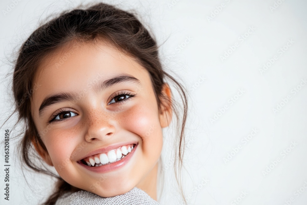 Adorable girl with a big smile showing healthy white teeth looking at the camera with her head slightly tilted Isolated on white background Adorable girl with a big smile showing healthy white teeth looking at the camera with her head slightly tilted Isolated on white background