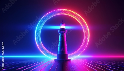 Futuristic Lighthouse Surrounded by Glowing Neon Ring and Radiant Digital Light on Grid Surface in Abstract Cyberpunk Background