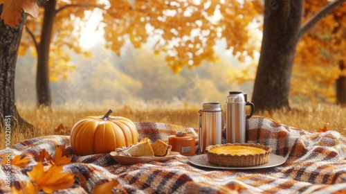 Fall picnic setting with cozy blankets, pumpkin pie, and thermoses, surrounded by warm fall tones