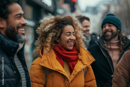 Handsome young man with afro hairstyle and beard is laughing while walking on the street.