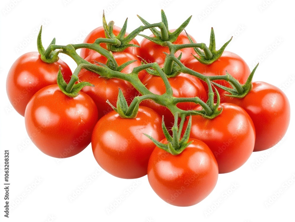 A cluster of vine-ripened tomatoes with vibrant red color and green stems Isolated on white background A cluster of vine-ripened tomatoes with vibrant red color and green stems Isolated on white background