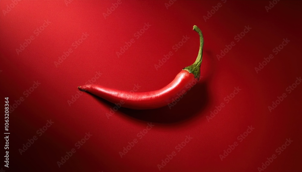 Glossy Red Chili Pepper with Green Stem on Intense Red Background. Ideal for Spicy Cuisine Promotion, Heat Intensity Symbols, Food Branding, or Culinary Ingredient Advertisements Glossy Red Chili Pepper with Green Stem on Intense Red Background. Ideal for Spicy Cuisine Promotion, Heat Intensity Symbols, Food Branding, or Culinary Ingredient Advertisements
