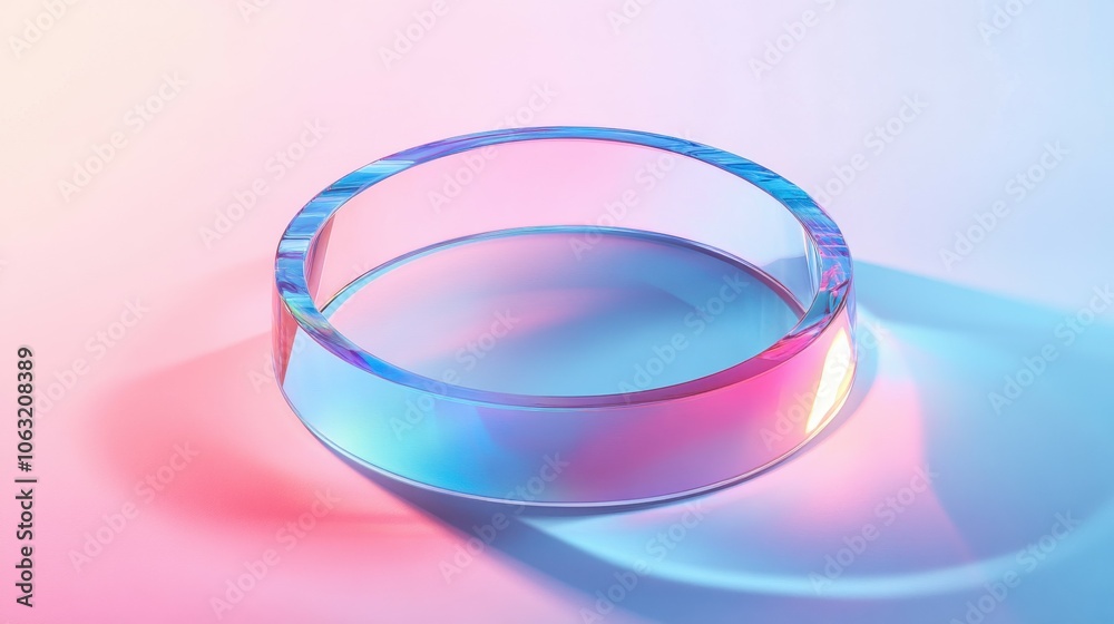 Abstract glass geometric figure round shape. Translucent rainbow glass frame of crystal rectangle plates with blue and pink gradient texture, light refraction and shadow on background. Abstract glass geometric figure round shape. Translucent rainbow glass frame of crystal rectangle plates with blue and pink gradient texture, light refraction and shadow on background.