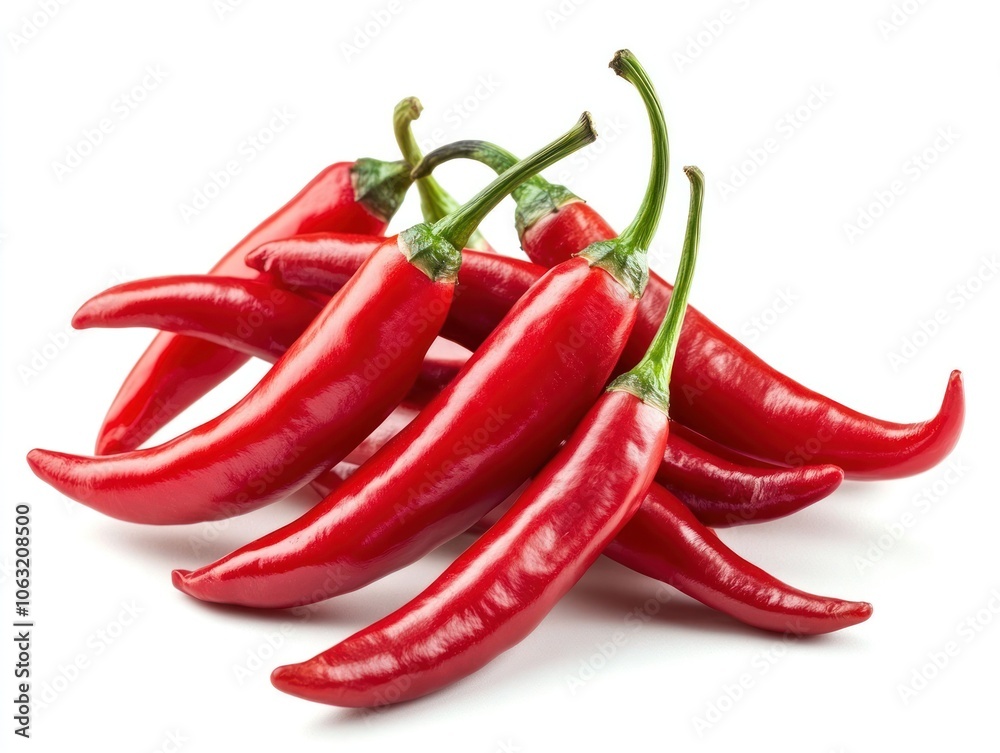 A bunch of red chili peppers with smooth, glossy skins arranged together Isolated on white background A bunch of red chili peppers with smooth, glossy skins arranged together Isolated on white background
