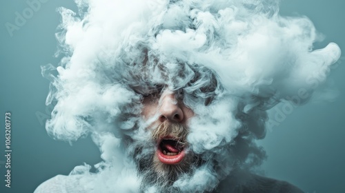 Portrait of a bearded man with his face obscured by swirling smoke creates a sense of mystery and deep contemplation. This abstract modern image evokes introspective emotions. photo