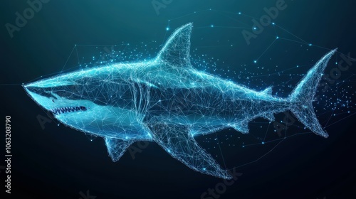 Abstract Great white shark in technological style. High Speed Concept. Polygonal shark swims underwater at high speed. Digital business. Low poly wireframe Vector illustration. photo