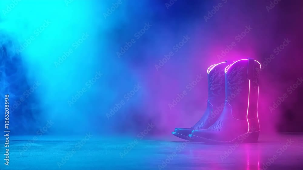Leather cowboy boots with neon light effect on reflective surface. Western fashion content