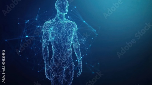 Abstract digital human body. Polygonal wireframe silhouette. Low poly anatomy blue background. Technology futuristic man or woman model.