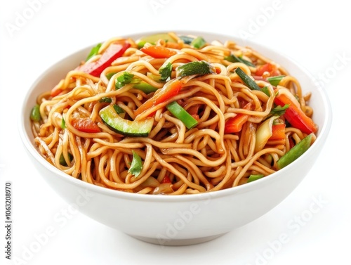 Bowl of freshly cooked noodles topped with sliced vegetables and a light soy-based sauce Isolated on white background