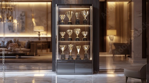 luxurious trophy cabinet displayed in an opulent room. The cabinet is made from polished mahogany, with glass doors that reveal a stunning array of trophies and awards