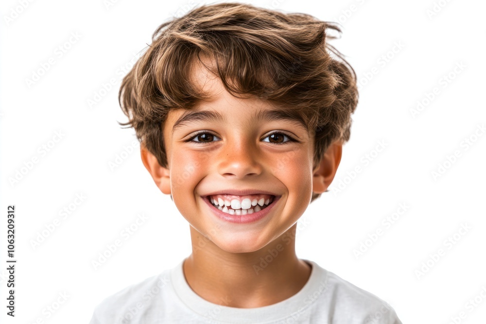 Cheerful boy smiling wide showing healthy white teeth while making direct eye contact with the camera Isolated on white background Cheerful boy smiling wide showing healthy white teeth while making direct eye contact with the camera Isolated on white background