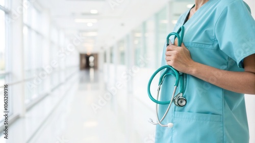 Medical Professional Holding Stethoscope in Hospital Corridor