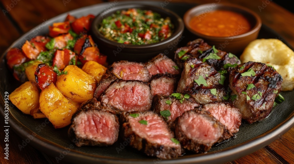 A delicious plate of churrasco, perfectly grilled with a golden crust A delicious plate of churrasco, perfectly grilled with a golden crust
