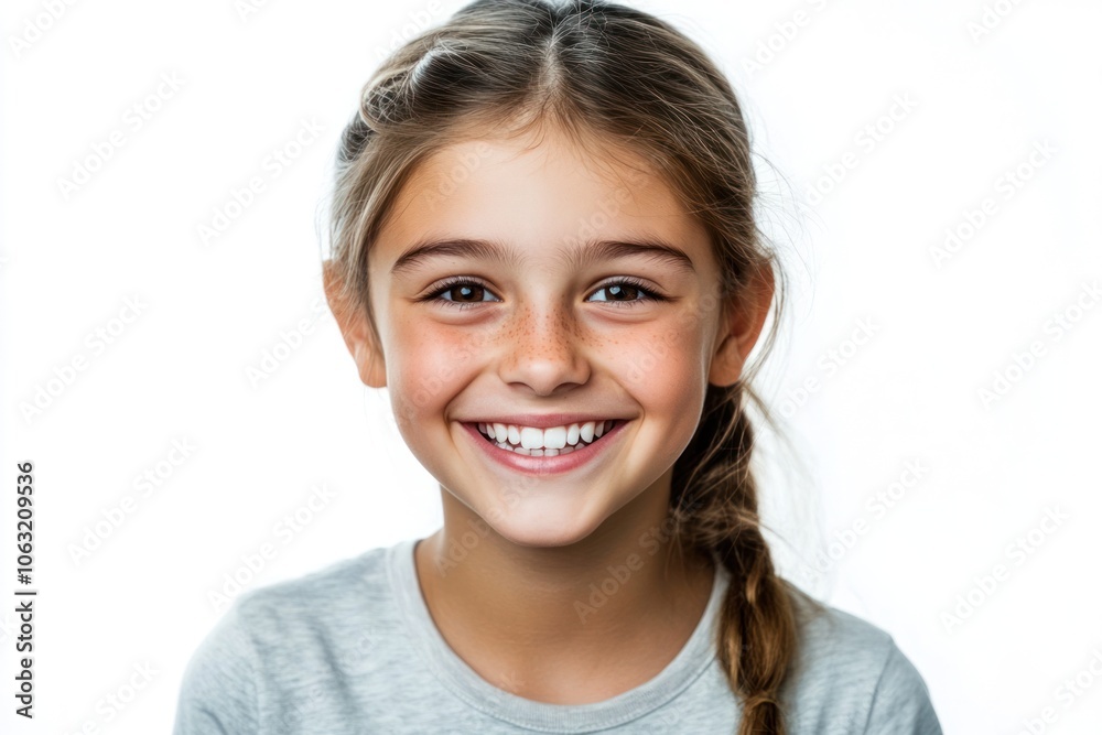 Cheerful girl smiling wide showing healthy white teeth while making direct eye contact with the camera Isolated on white background Cheerful girl smiling wide showing healthy white teeth while making direct eye contact with the camera Isolated on white background