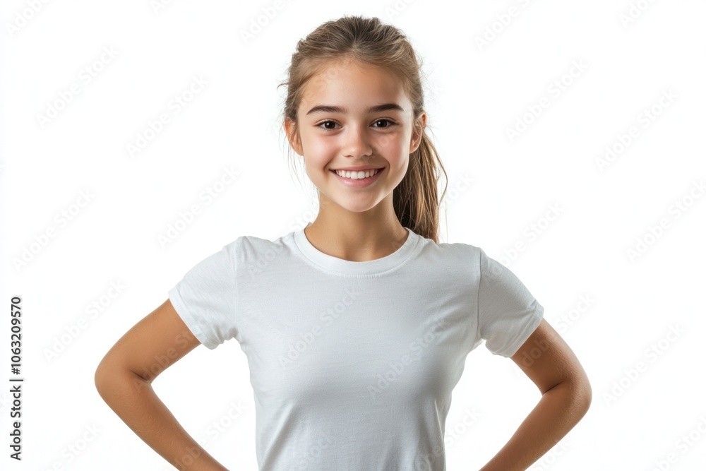 Cheerful girl with a wide grin looking directly at the camera wearing a simple t-shirt and standing with her hands on her hips Isolated on white background Cheerful girl with a wide grin looking directly at the camera wearing a simple t-shirt and standing with her hands on her hips Isolated on white background