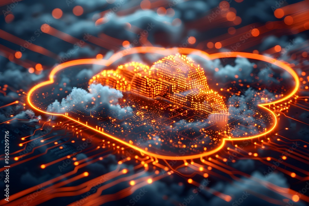 Digital Cloud Computing Concept with Glowing Network Connectivity and Data Transfer Digital Cloud Computing Concept with Glowing Network Connectivity and Data Transfer