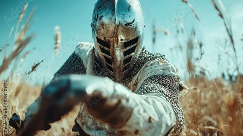 A knight in glistening steel armor looms in tall grass, sword drawn to strike, representing medieval readiness, skill, and the ferocity of ancient battles. photo