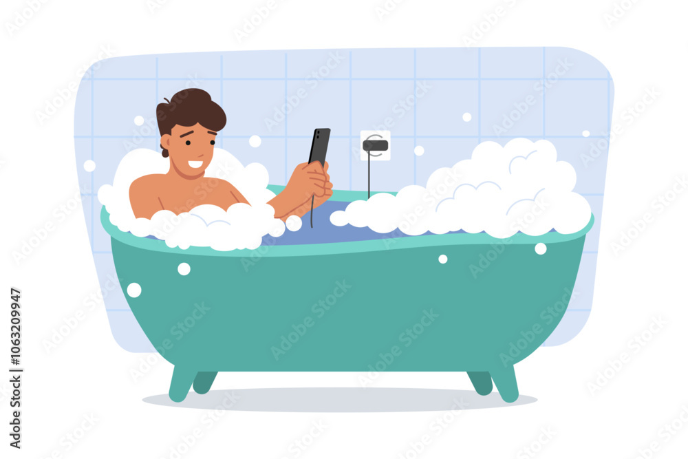 Man plays with mobile phone and takes bath, risking electric shock due to wet socket. Guy lies in bath, resting after hard day and using gadget to relax and distract from routine tasks.