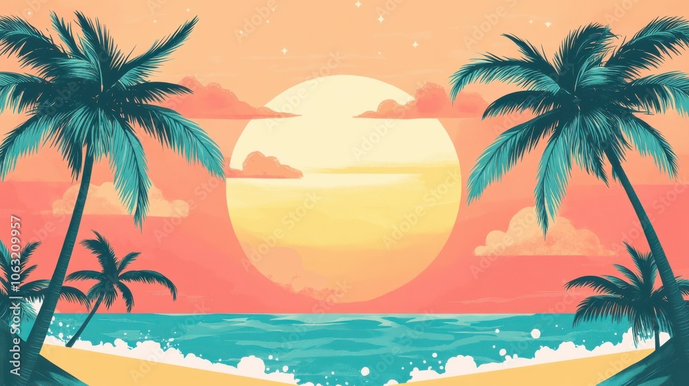 Boho groovy palm tree beach sun sea. Surf club vacation and sunny summer day aesthetic. Vector illustration background in trendy retro naive simple style. Boho groovy palm tree beach sun sea. Surf club vacation and sunny summer day aesthetic. Vector illustration background in trendy retro naive simple style.