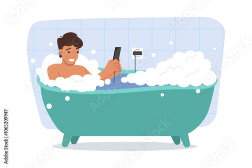 Obraz na płótnie Man plays with mobile phone and takes bath, risking electric shock due to wet socket. Guy lies in bath, resting after hard day and using gadget to relax and distract from routine tasks. w salonie
