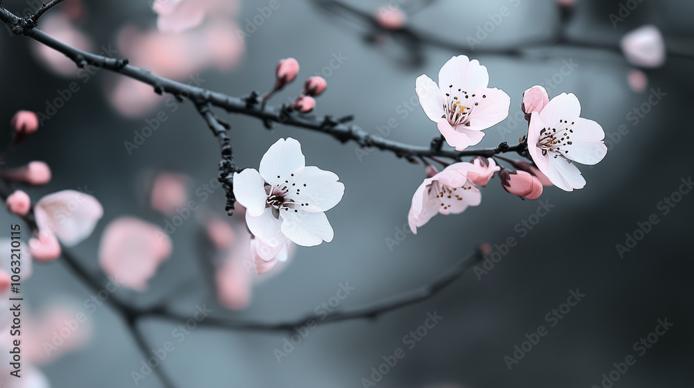 Soft pink cherry blossoms on a dark branch with subtle background, capturing serene springtime beauty Soft pink cherry blossoms on a dark branch with subtle background, capturing serene springtime beauty