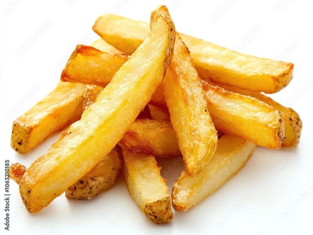 Close-up of perfectly cooked French fries with a crunchy outside and soft inside Isolated on white background Close-up of perfectly cooked French fries with a crunchy outside and soft inside Isolated on white background