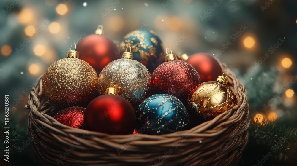 Close-up of a woven basket filled with Christmas ornaments, with the rough texture of the basket contrasting the shiny ornaments. 4K hyperrealistic photo. Close-up of a woven basket filled with Christmas ornaments, with the rough texture of the basket contrasting the shiny ornaments. 4K hyperrealistic photo.