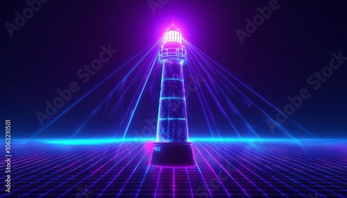 Futuristic Lighthouse Illuminating with Glowing Neon Light Beams on a Digital Grid Surface in Abstract Cyberpunk Technology 