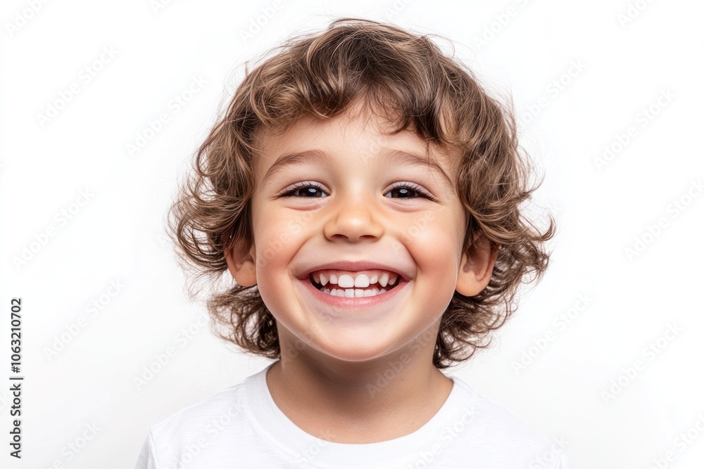 Cute little boy smiling and showing his bright white teeth while gazing at the camera with a joyful expression Isolated on white background Cute little boy smiling and showing his bright white teeth while gazing at the camera with a joyful expression Isolated on white background