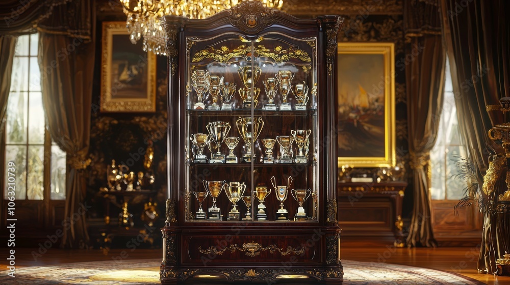 luxurious trophy cabinet displayed in an opulent room. The cabinet is made from polished mahogany, with glass doors that reveal a stunning array of trophies and awards luxurious trophy cabinet displayed in an opulent room. The cabinet is made from polished mahogany, with glass doors that reveal a stunning array of trophies and awards