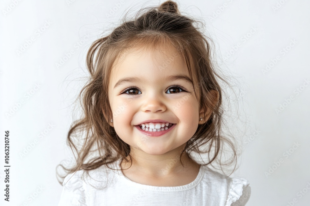 Cute little girl smiling and showing her bright white teeth while gazing at the camera with sparkling eyes Isolated on white background Cute little girl smiling and showing her bright white teeth while gazing at the camera with sparkling eyes Isolated on white background