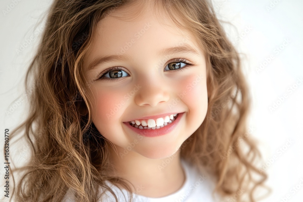 Cute little girl smiling and showing her bright white teeth while gazing at the camera with sparkling eyes Isolated on white background Cute little girl smiling and showing her bright white teeth while gazing at the camera with sparkling eyes Isolated on white background