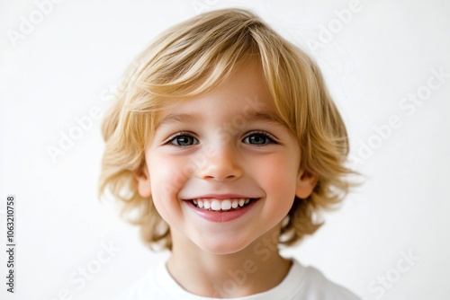 Cute little boy smiling and showing his bright white teeth while gazing at the camera with a joyful expression Isolated on white background