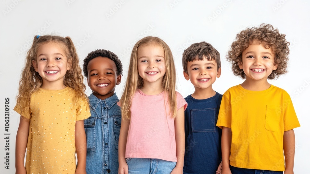 Five adorable multi-ethnic children standing in a line, each smiling wide and showing healthy white teeth while looking at the camera Isolated on white background Five adorable multi-ethnic children standing in a line, each smiling wide and showing healthy white teeth while looking at the camera Isolated on white background