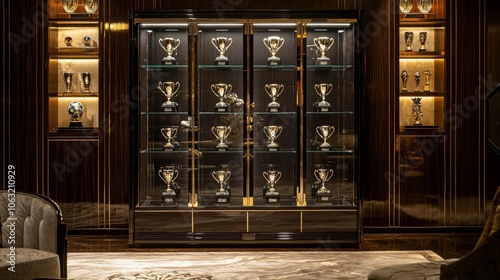 luxurious trophy cabinet displayed in an opulent room. The cabinet is made from polished mahogany, with glass doors that reveal a stunning array of trophies and awards