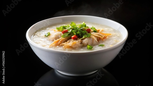 chicken porridge in white bowl isolated on black background, Close-Up